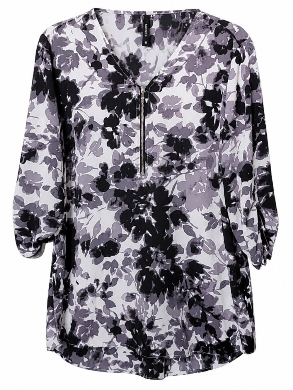 Cathy Gray Black Floral Quarter Zip 3/4 Sleeves Blouse Large